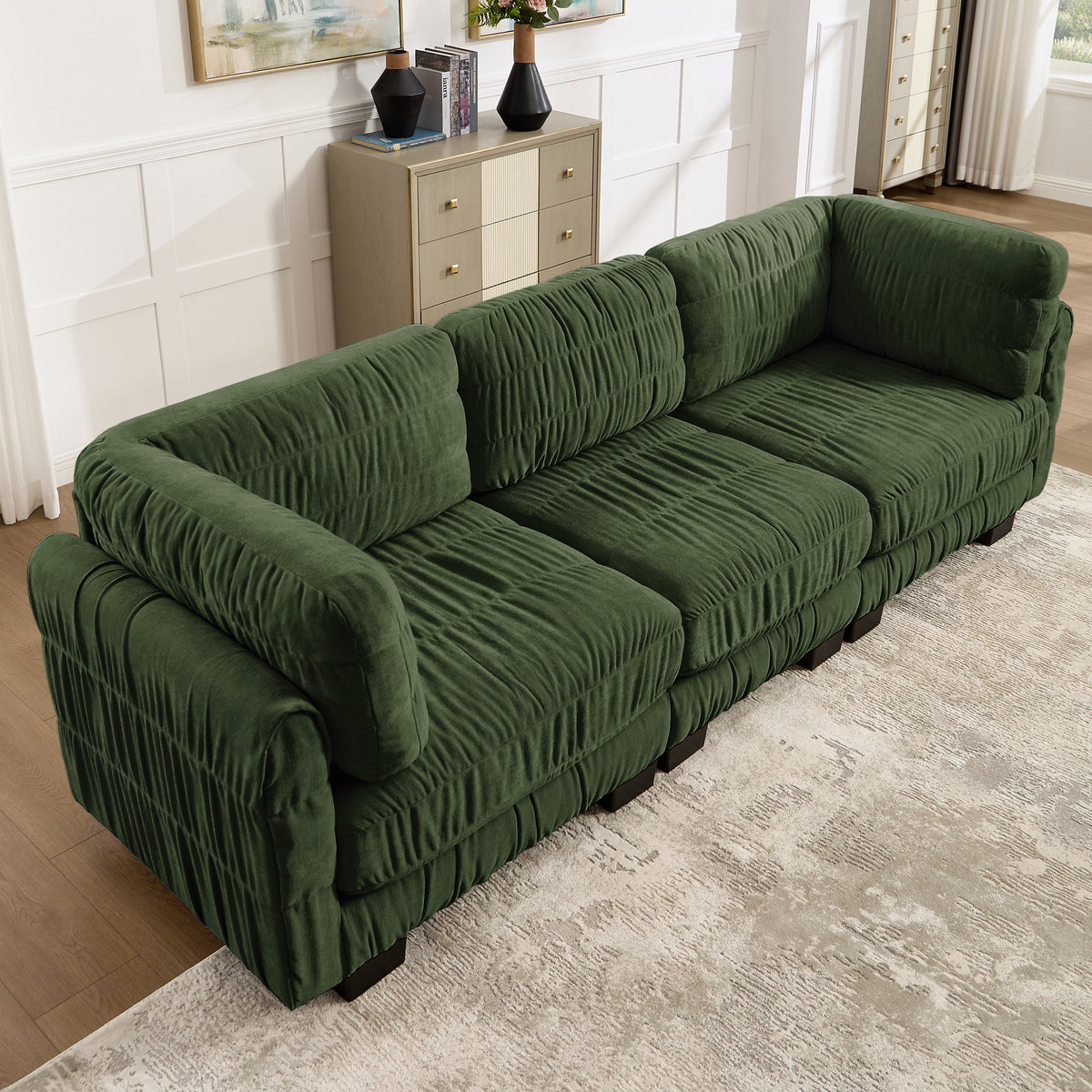 3 Seat Ruched Detailing Chenille Modular Sectional Sofa,High-Density Foam,L Shape Thickened  Back Cushions,Easy Assembly,For Living Room,Bedroom,Green