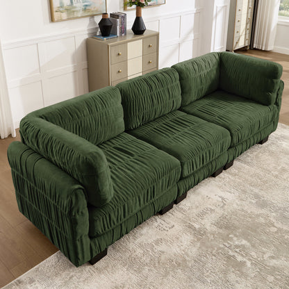 3 Seat Ruched Detailing Chenille Modular Sectional Sofa,High-Density Foam,L Shape Thickened  Back Cushions,Easy Assembly,For Living Room,Bedroom,Green