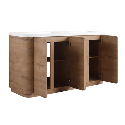 60'' Freestanding Bathroom Vanity with White Resin Sink, 4-Soft-Close Door, KD-Packing, Plywood, Imitative Oak