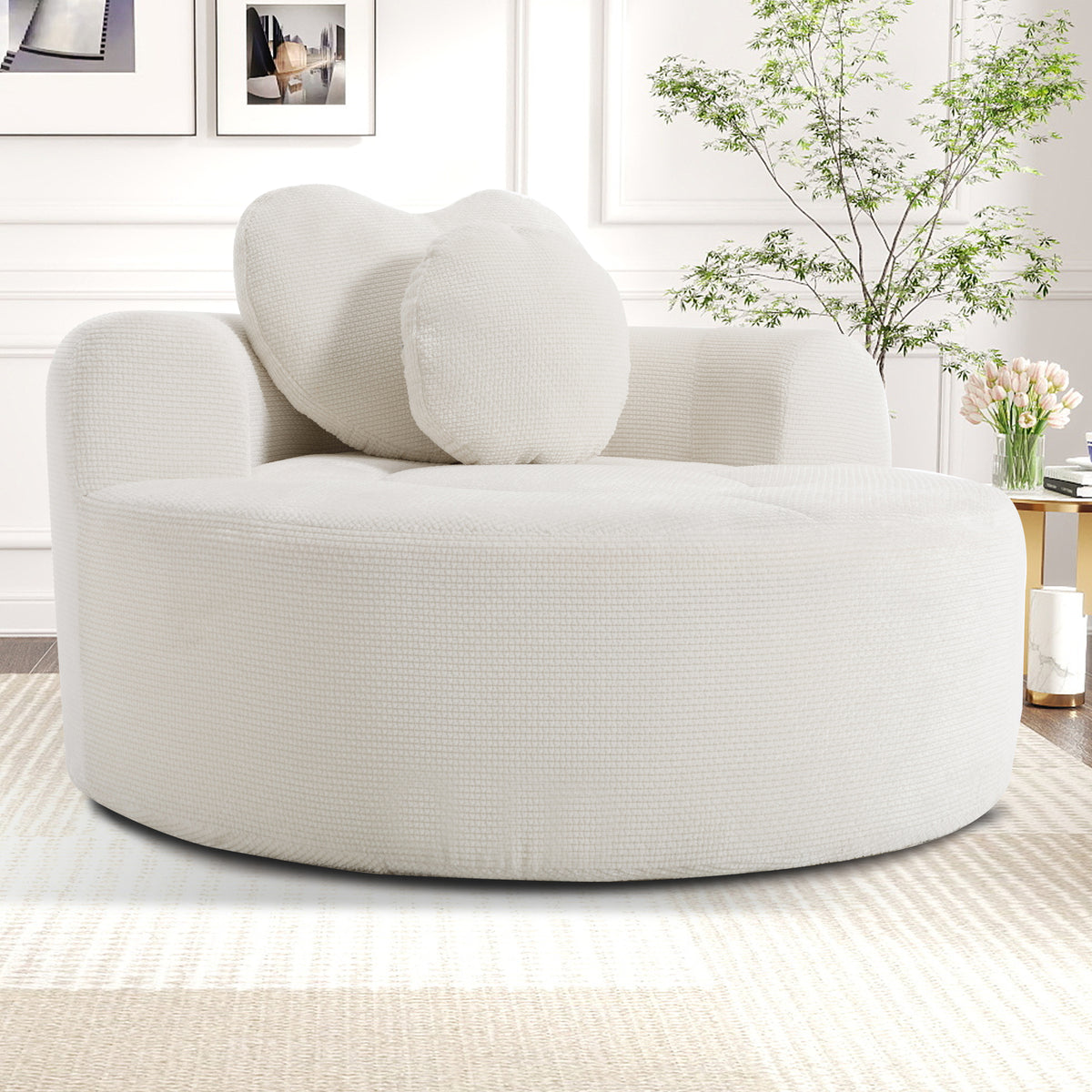 Round Sofa Bed with Memory Foam Sectional Couches for Living Room, Cloud Couch with two pillows, Beige