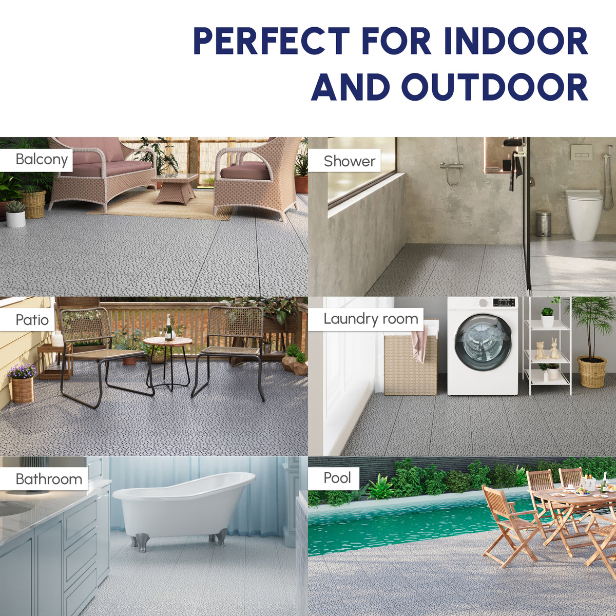 12 x 12 Inch Gray Interlocking Deck Tiles Plastic Waterproof Outdoor All Weather Anti-slip Bathroom Shower Balcony Porch Strong Weight Capacity Upto 440 LBS, Pebble Stone Pattern Pack of 12