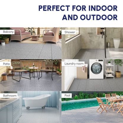 12 x 12 Inch Gray Interlocking Deck Tiles Plastic Waterproof Outdoor All Weather Anti-slip Bathroom Shower Balcony Porch Strong Weight Capacity Upto 440 LBS, Pebble Stone Pattern Pack of 12