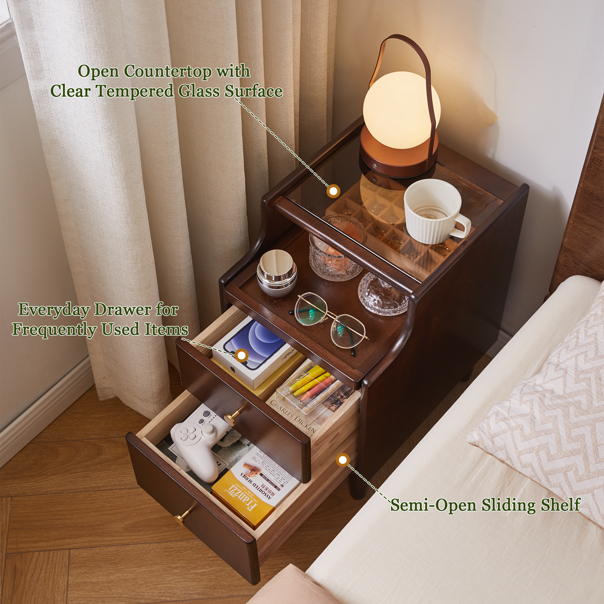 Solid Wood Nightstand with Two Drawers and Pull-out Panel Storage Bedside Table and Sofa Side Table