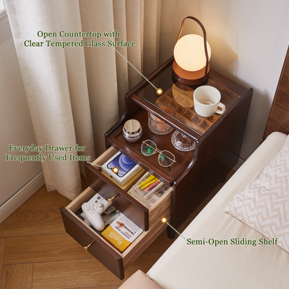 Solid Wood Nightstand with Two Drawers and Pull-out Panel Storage Bedside Table and Sofa Side Table