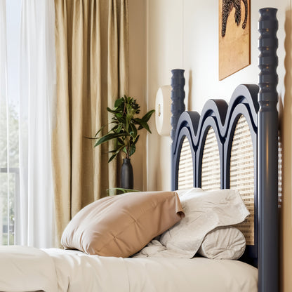 Queen Size Platform Bed with Arched Woven Headboard, Four Poster Stylish Wooden Bed Frame, Elegant Curved Headboard Bed Frame For Bedroom,Blue