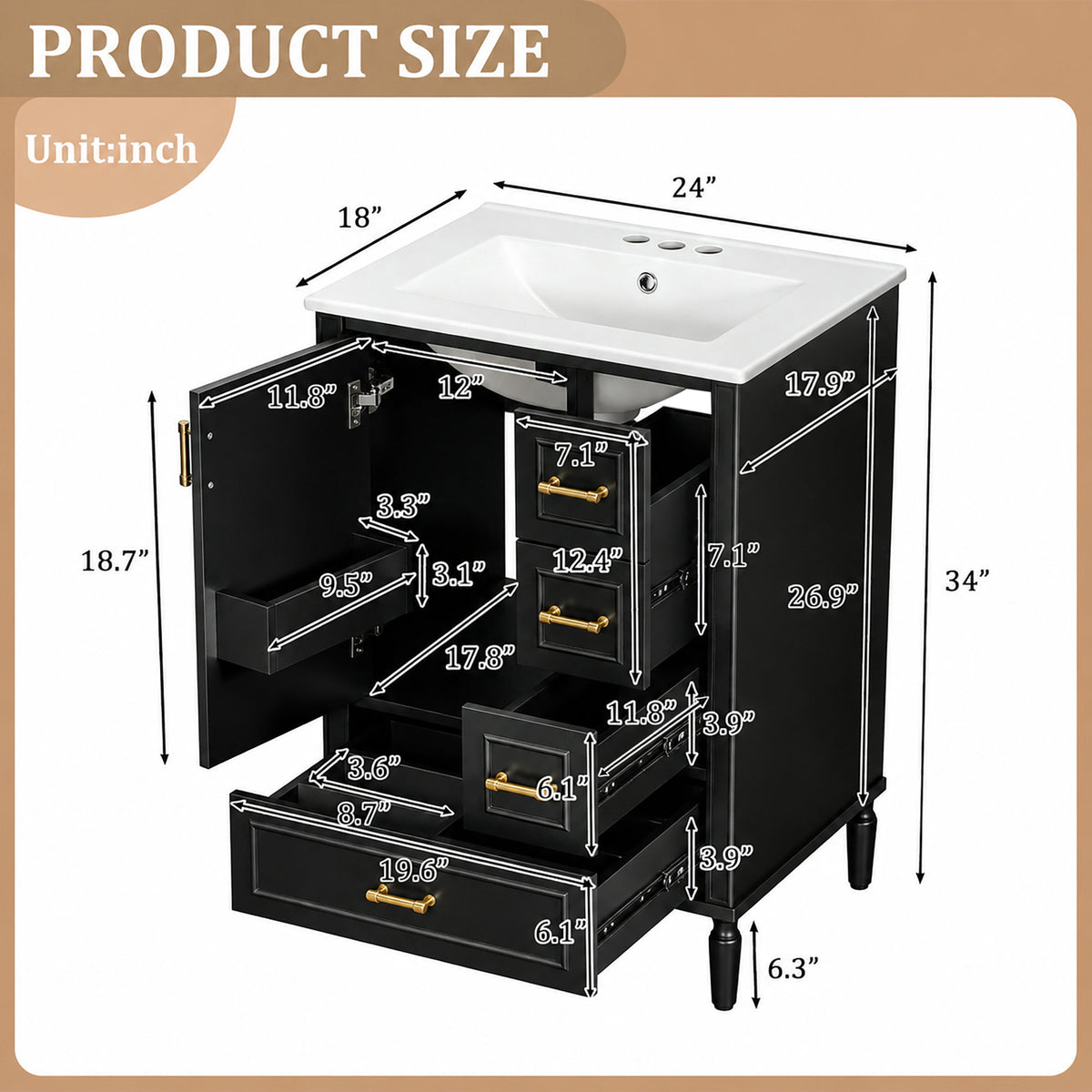 24' Modern Bathroom Vanity with Ceramic Sink, Soft-Close Door, 3 Drawers, Gold Handles, and Door-Mounted Rack for Space-Saving Storage(Old SKU:N729P373272B)