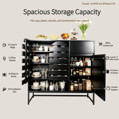 Buffet Cabinet with Storage: 44.49"Black Woven Door Accent Cabinets,with Arched Doors,with Multi layer Adjustable,with Metal Leg,woven door and drawer - for Kitchen Living Dining Room Entryway
