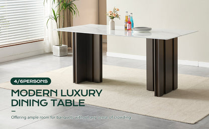 Modern Rectangular Dining Table, Tempered Glass with Marble Texture Top, Matte Gray Brushed Metal Legs, 4-6 Person Capacity, White Marble Finish, 69.30 Inch