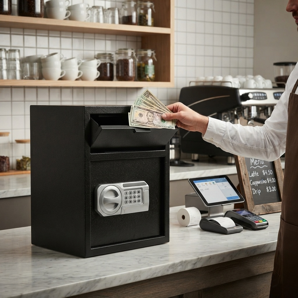 Commercial Safe with Drop Slot for Cash Deposits, Multi-Scene Safe for Office, Household & Commercial Use, Equipped with Password Lock, Emergency Override Keys and Intelligent Anti-Theft Alarm System,