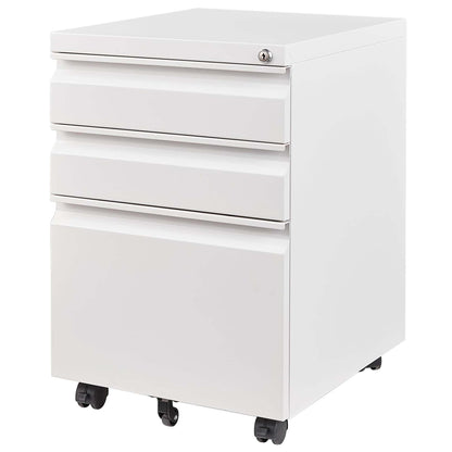 White Mobile 3-Drawer File Cabinet with Lock, Metal Organizer for Home Office, Fully Assembled