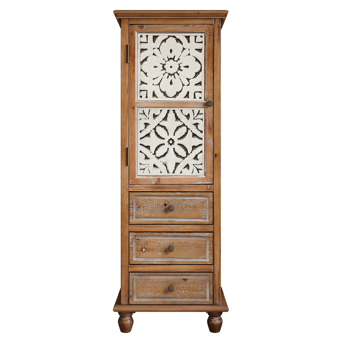 Rustic Wooden Storage Cabinet with Decorative Cutout Door & 3 Drawers, Tall Narrow Organizer for Living Room, Bedroom
