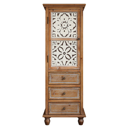 Rustic Wooden Storage Cabinet with Decorative Cutout Door & 3 Drawers, Tall Narrow Organizer for Living Room, Bedroom