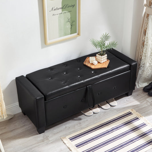 48" Ottoman Bench with Storage, Upholstered Tufted Faux Leather PU Ottoman Black