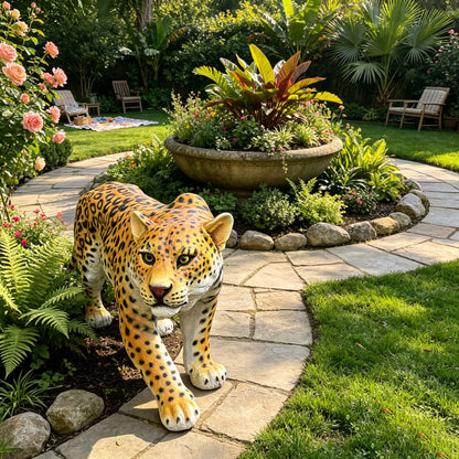Realistic Leopard Garden Statue, 32'' Lifelike Resin Cheetah Sculpture, Waterproof Wildlife Animal Ornament for Yard Lawn Patio Backyard Outdoor Landscape Decor