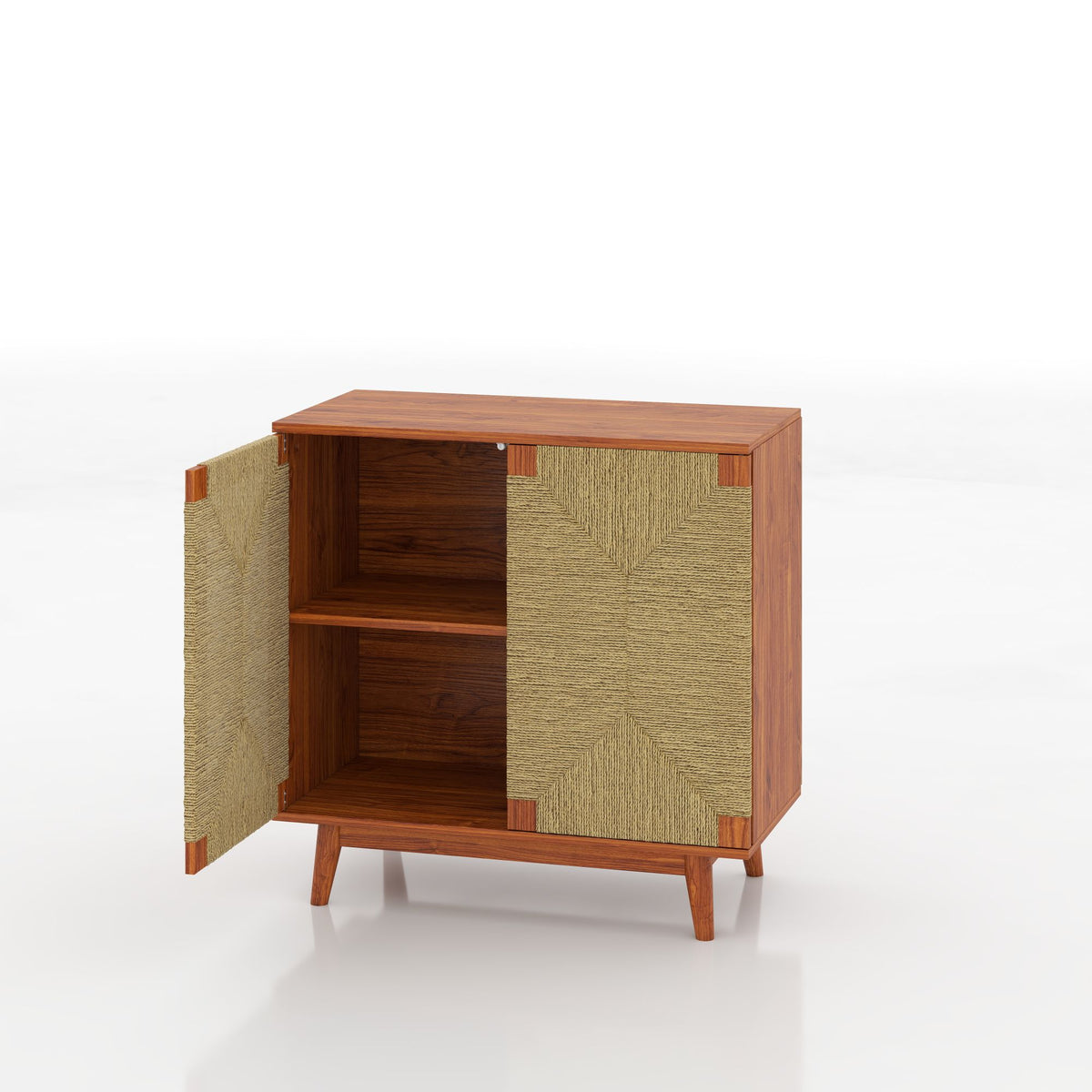 Mid Century Boho Freestanding Accent Cabinet, Handmade Paper Rope Woven Push-to-Open Double Doors, , Adjustable  Shelf, Sideboard Storage Cabinet for Kitchen Entryway  Living Room