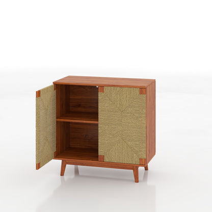 Mid Century Boho Freestanding Accent Cabinet, Handmade Paper Rope Woven Push-to-Open Double Doors, , Adjustable  Shelf, Sideboard Storage Cabinet for Kitchen Entryway  Living Room