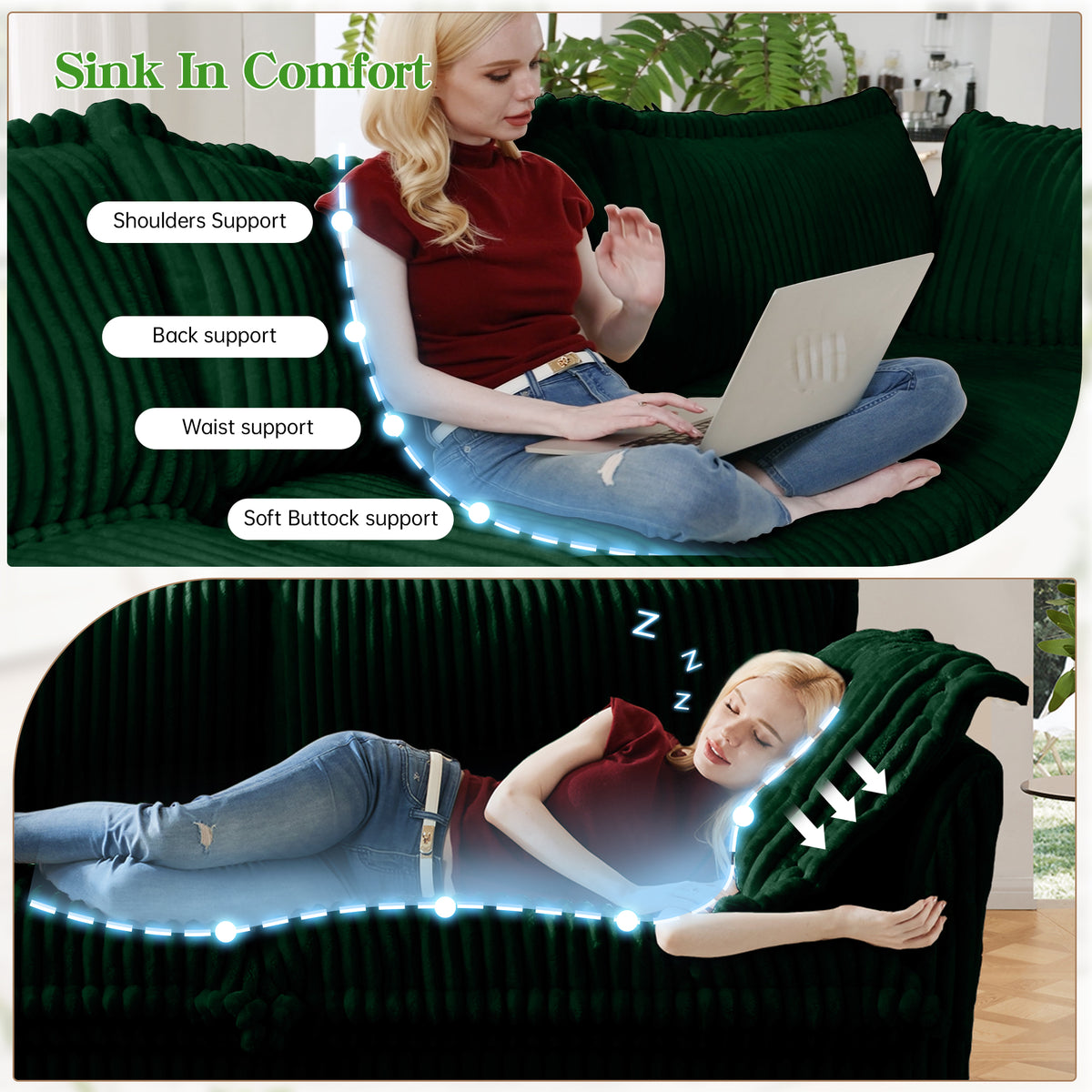 L-Shaped Slipcovered Sectional Sofa Couch, Comfy Deep Seat Cloud Couch with Convertible Ottoman & 2 Big Pillows, Modern Oversized 3 Seater Slipcovered Sofa Set for Living Room Office, Green Corduroy