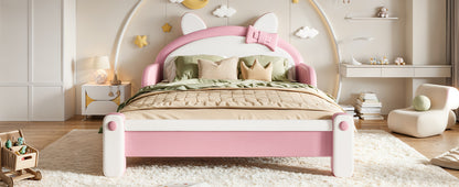 Full Cute Cat Shaped Upholstered Kids Platform Bed, Princess Style Low Profile Children Bed Frame for Bedroom,white&Pink