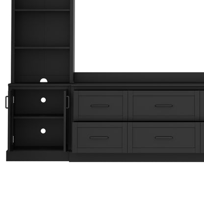 Modern Arched Entertainment Center Wall Unit with 6 Drawers, Farmhouse Large TV Stand with Bookshelves for TVs Up to 70', All-in-One Media Console with Adjustable Shelves for Living Room, Black