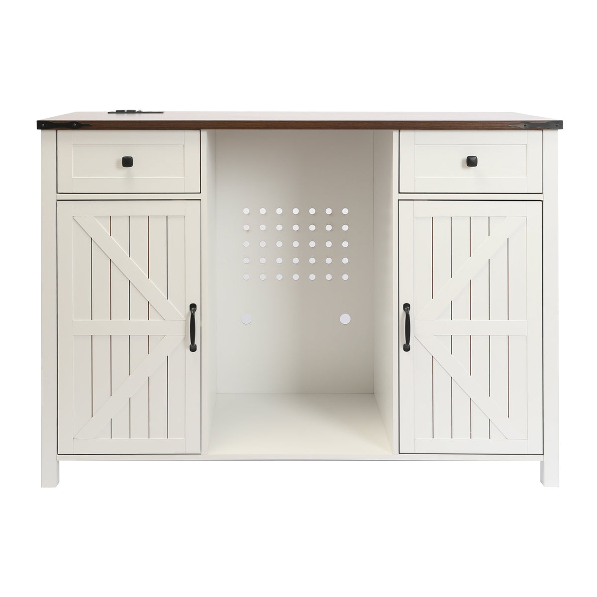 Farmhouse Coffee Bar with Mini Fridge Space & Built-in Charging Station,Large Bar Cabinet with Drawers & Adjustable Shelves for Kitchen, Dining Room, or Living Room, White