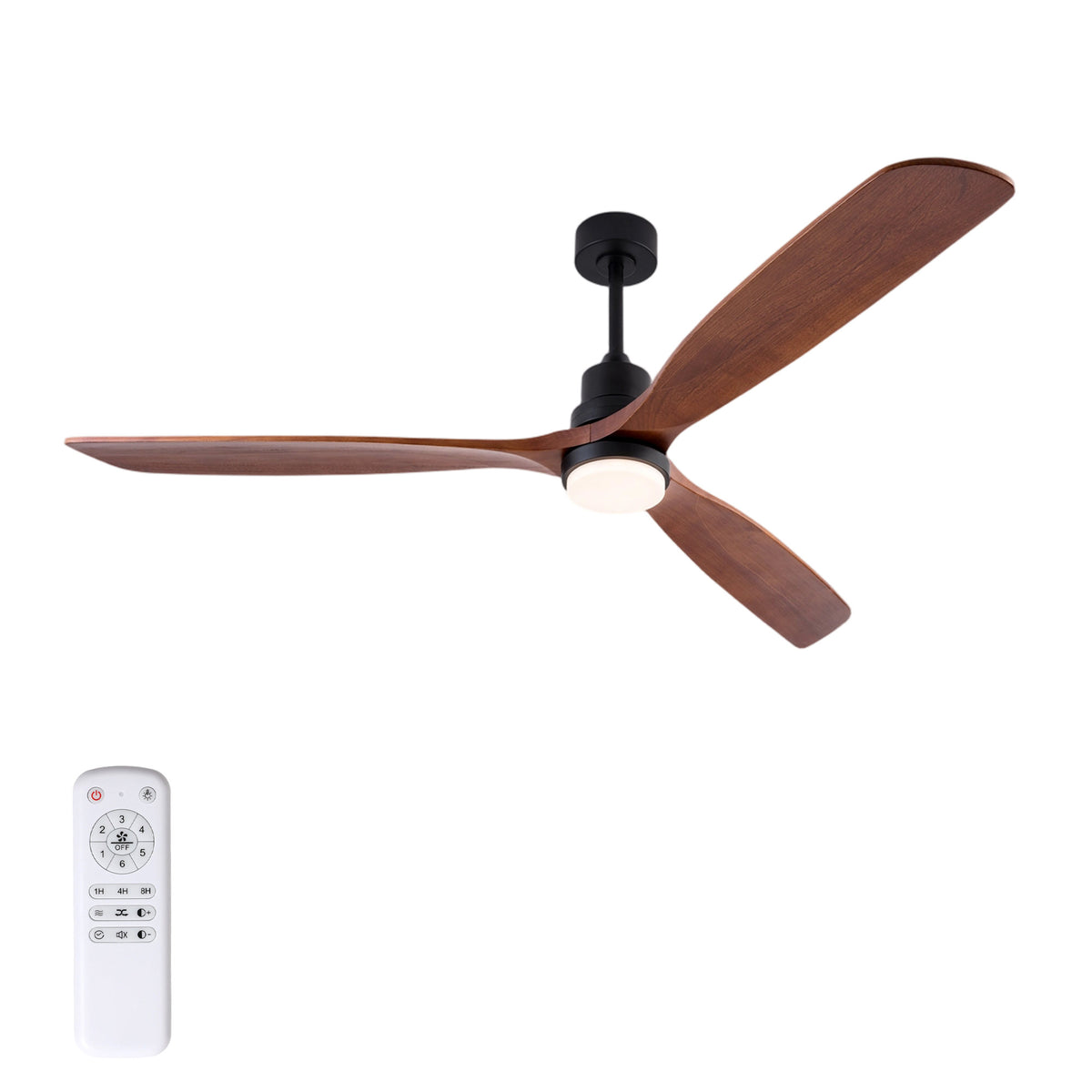 72 Inch Ceiling Fan with LED Light, 3‑Blade Black Walnut Wooden Fan, DC Motor, 6‑Speed & 1/4/8H Timer, Matte Black Iron, For Large Living Room Farmhouse Indoor
