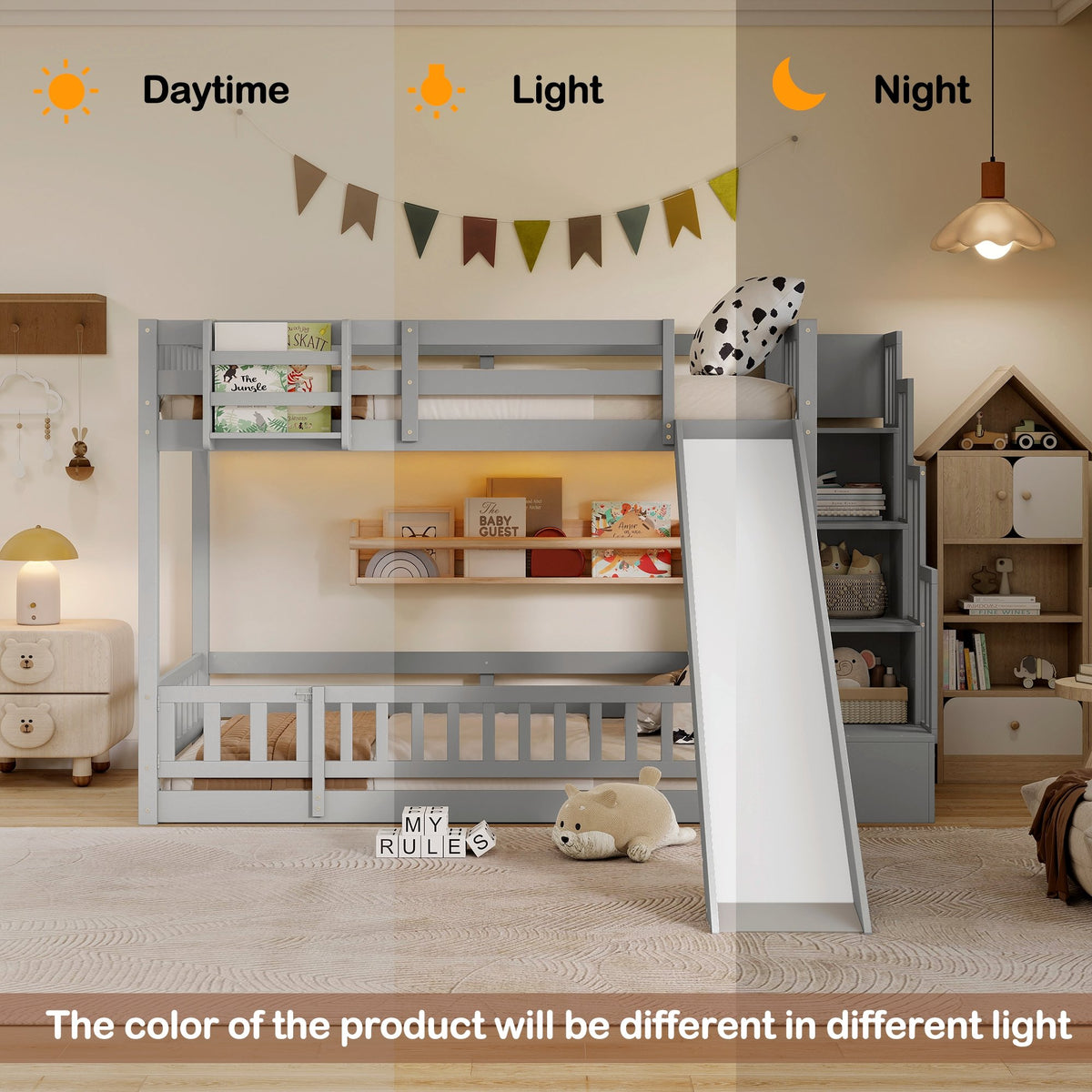 Twin Over twin Bunk Bed with Slide, Storage Staircase, Bedside Storage Rack,LED lights,Pine Solid Wooden Bunk Bed with Safety Guardrails ,Grey