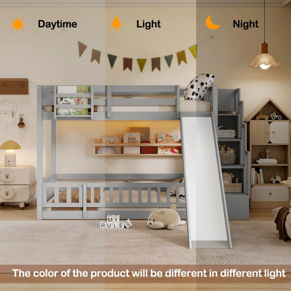 Twin Over twin Bunk Bed with Slide, Storage Staircase, Bedside Storage Rack,LED lights,Pine Solid Wooden Bunk Bed with Safety Guardrails ,Grey
