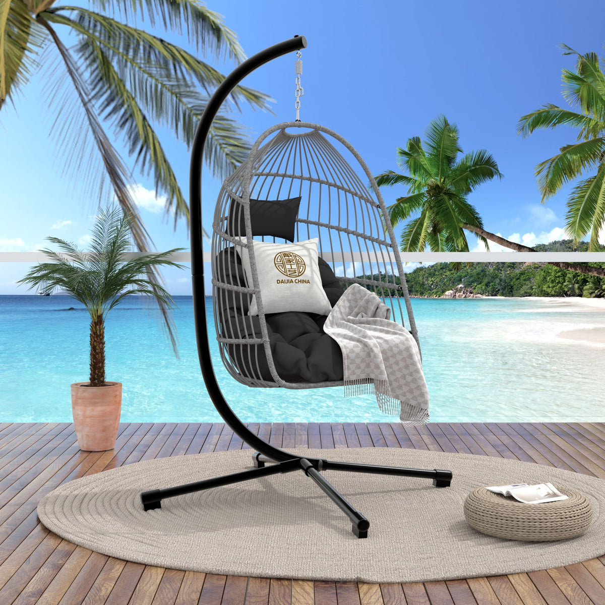 Foldable Hanging Egg Chair with Stand and Pillow, HDPE Rattan and Heavy Duty Aluminum-Steel Frame, Outdoor Patio Wicker Swing Egg Chair with Headrest and Cushioned, 350 Lbs Capacity (Gray)