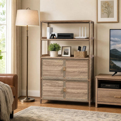 Tall Storage Cabinet with Open Shelving, 35.00" W x 16.73" D x 68.11" H, Freestanding Wood-Grain Aluminum Storage Cabinet with 4-Door Closed Storage for Kitchen, Entryway, Patio & Garage