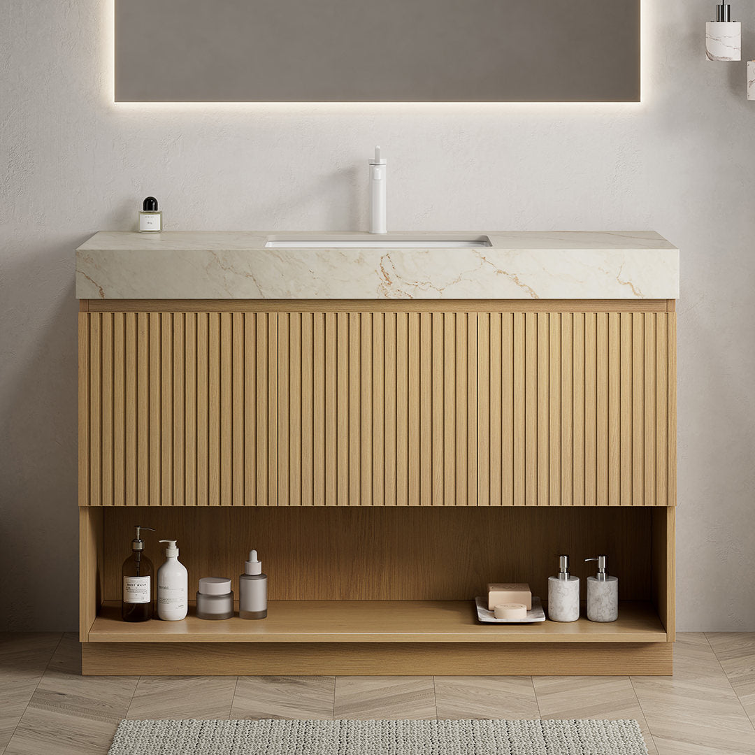 FINO 48" Bathroom Vanity&Sink,Freestanding Cabinet,Cream Gold Vein Sintered Stone Top&Ceramic Basin with 1 Pre-drilled Faucet Hole, Disassembled, Faucet & Drain Excluded, Corolla Oak Woodgrain Color