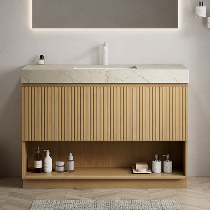 FINO 48" Bathroom Vanity&Sink,Freestanding Cabinet,Cream Gold Vein Sintered Stone Top&Ceramic Basin with 1 Pre-drilled Faucet Hole, Disassembled, Faucet & Drain Excluded, Corolla Oak Woodgrain Color