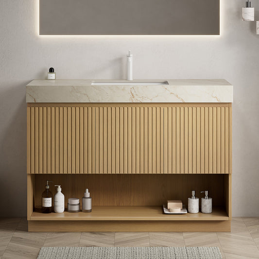 FINO 48" Bathroom Vanity&Sink,Freestanding Cabinet,Cream Gold Vein Sintered Stone Top&Ceramic Basin with 1 Pre-drilled Faucet Hole, Disassembled, Faucet & Drain Excluded, Corolla Oak Woodgrain Color