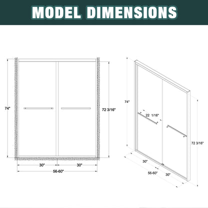 56-60'x74" Aluminum Frame Double Sliding Shower Door, Bypass Bathroom Sliding Door with Premium 1/4" Clear Tempered Glass – Model W2011P330163