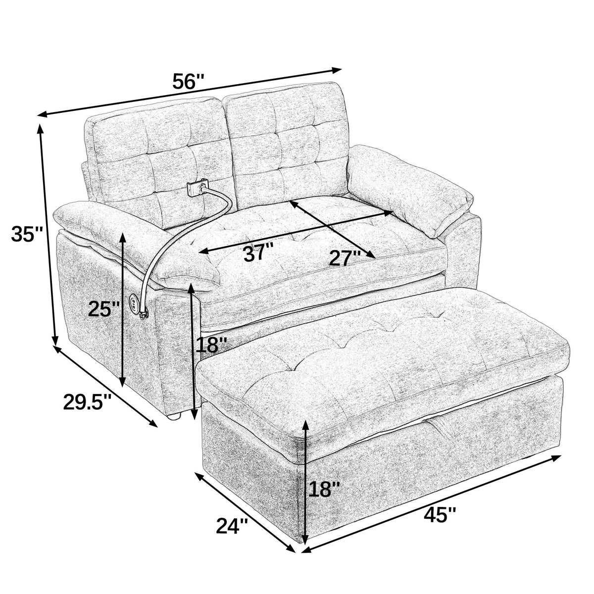 Leisure sofa chair,Double sofa recliner, with manually adjustable backrest, soft padded armrests, side USB charging port and phone stand, comes with a matching storage ottoman-Gray