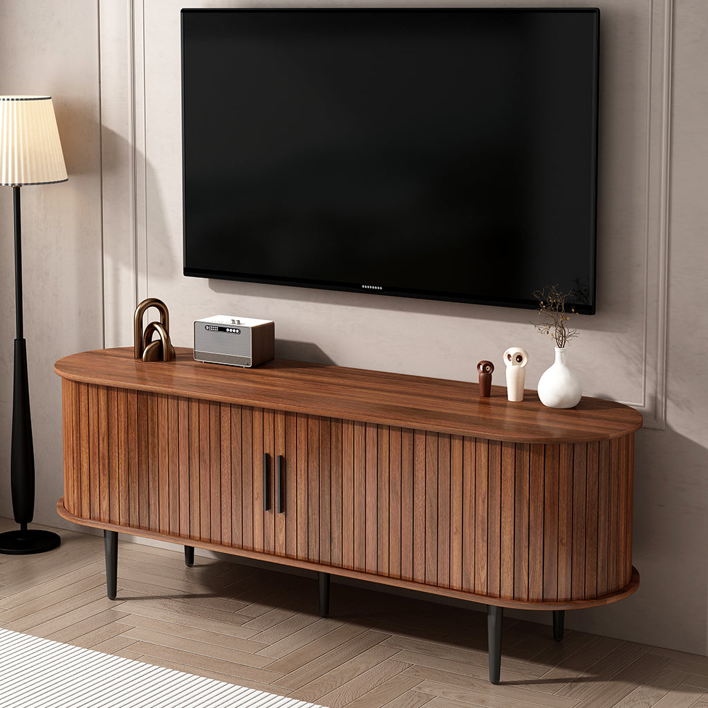 TV Stand, 55" Modern TV Console Table with Storage Compartment and Sliding Door, Gaming Entertainment Center with Cabinet - Walnut