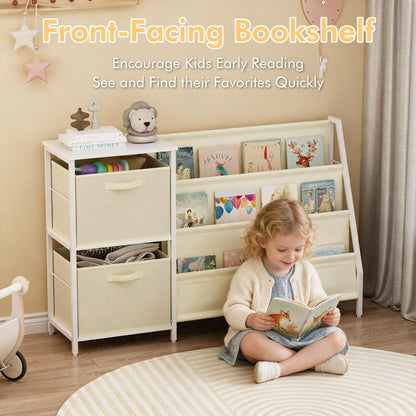 Kids Bookshelf with 3-Tier Front-Facing Book Display, 2 Storage Bins and Bottom Cabinet, Children's Bookcase Organizer for Bedroom, Playroom and Nursery