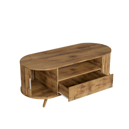 DFW 45.27 Inch Oval Coffee Table with Storage, AlsoCan be used as TV standMid Century Modern Coffee Table with Drawer, Center Table with Sliding Door and Wood Fluted Handle for Living Room, Nature Oak