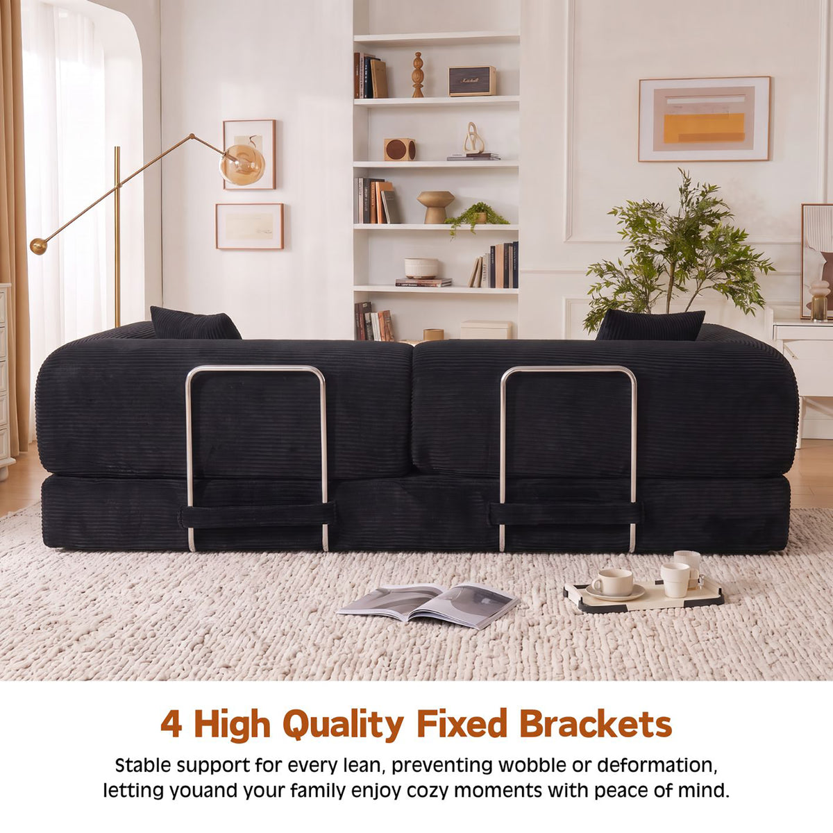 Convertible Sofa Bed, Folding Floor Couch Corduroy Fold Out Couch Bed Futon Sleeper Mattress with Pillows, Boneless Sofa for Living Room Bedroom,BLACK