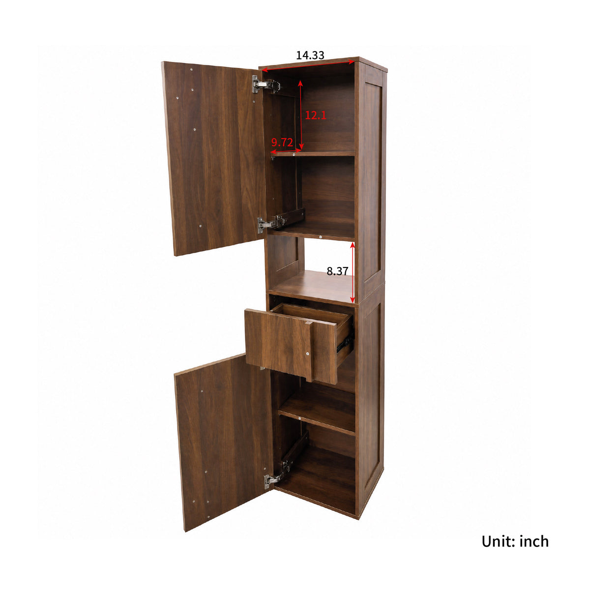 Tall Narrow Storage Cabinet, Wooden Freestanding Bookshelf with Doors & drawer, Slim Display Bookcase for Living Room, Bedroom, Home Office