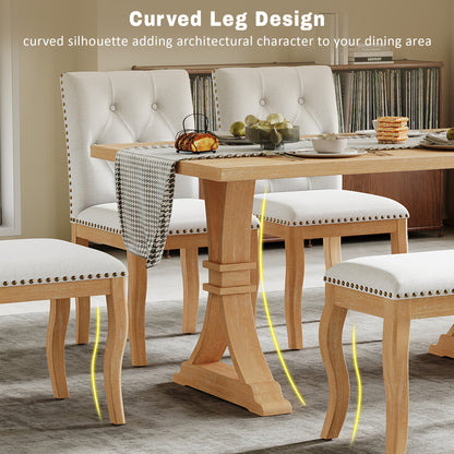 TREXM 6-Piece Dining Table Set with Bench, Oak Finish Dining Room Table Set with 4 Upholstered Button Tufted Chairs, Nailhead Trim, Curved Wood Legs, Farmhouse Kitchen Dining Furniture (Natural)