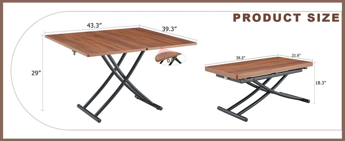 Modern minimalist multifunctional lift table with 0.8 inch thick MDF desktop and black metal legs, can be used as a dressing table, coffee table, dining table, and office table.Walnut textured desktop