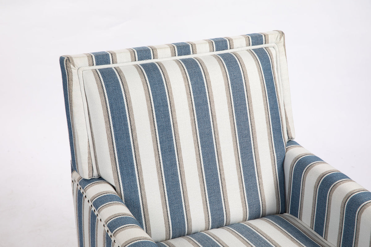 Upholstered Accent Chair, Vintage Armchair with Solid Wood Legs, Blue and White Striped Linen Fabric and Nailhead Trim for Living Room