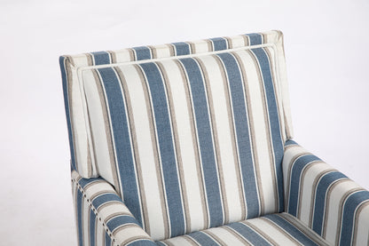 Upholstered Accent Chair, Vintage Armchair with Solid Wood Legs, Blue and White Striped Linen Fabric and Nailhead Trim for Living Room