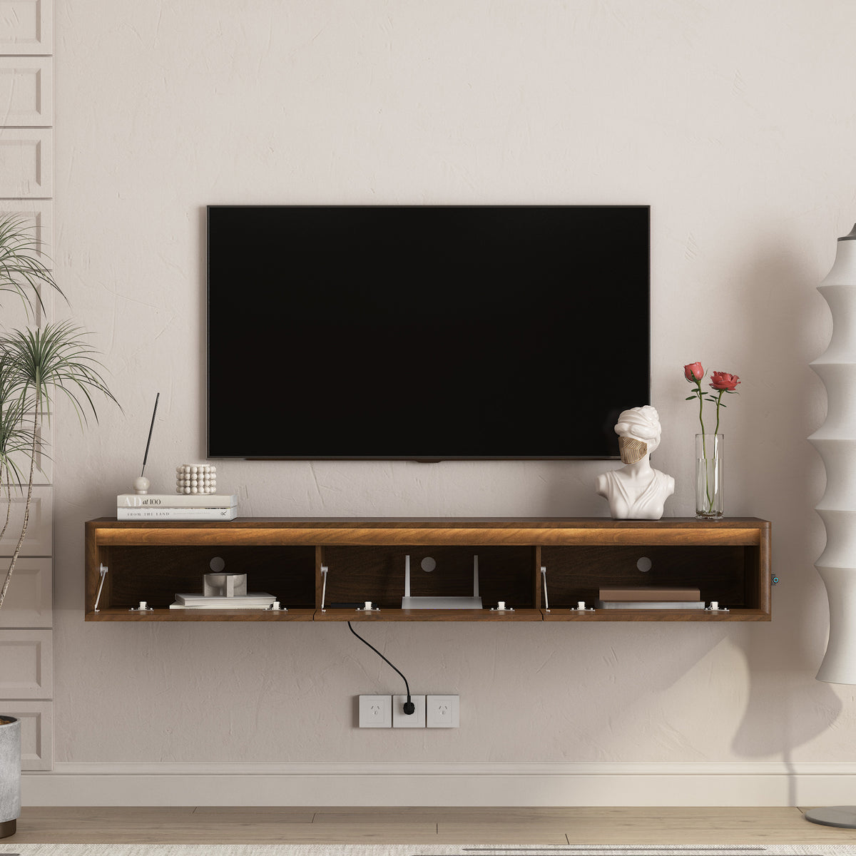 Floating TV Stand,Wall Mounted TV Shelf with Led Lights & Power Outlet,Fluted TV Cabinet for Wood tv Stands for Living Room
