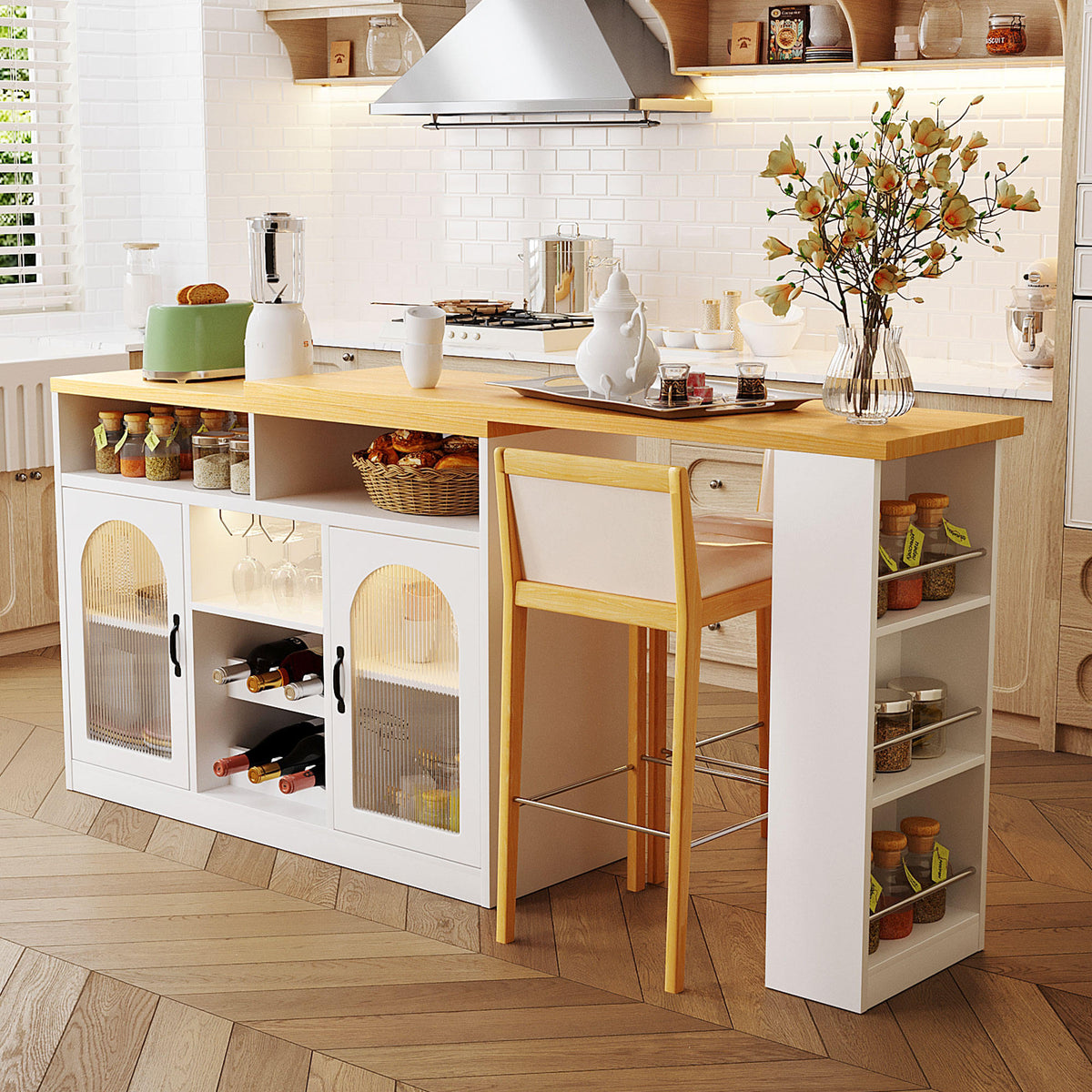 U_STYLE Sideboard with Extendable Tabletop and Wine Rack, Counter Height Bar Table with Color LED Lighting and Left-side Power Outlet, Mobile Farmhouse Wine Cabinet Cart on Wheels (Chairs Not Included