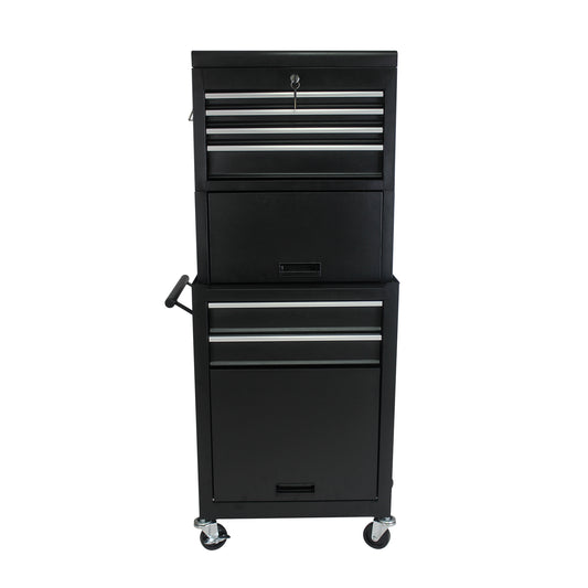 6-Drawer Lockable Tool Cabinet on Wheels – Black Steel Rolling Tool Chest with Detachable Toolbox – 2-in-1 Garage Workshop Storage Organizer with 4 Universal Casters