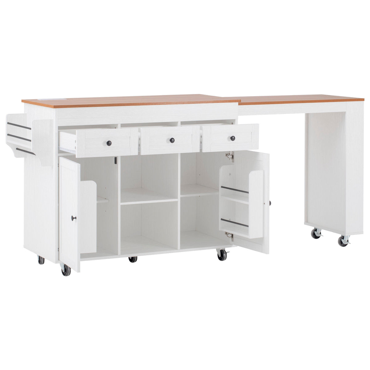 K&K 85.5" Kitchen Island with Extendable Dining Table, Kitchen Storage Table with 3 Side Open Shelves – White