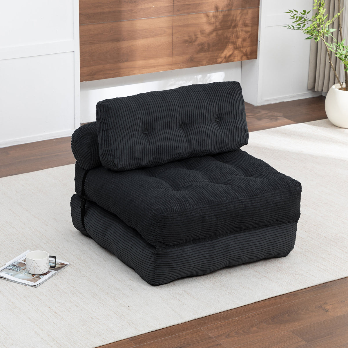 Folding Sofa Bed, Convertible Sleeper Chair with Pillow Foldable Mattress with Back Support, Portable Fold Out Chair Bed Comfy Floor Sofa Lounge for Living Room Bedroom, Black , Single