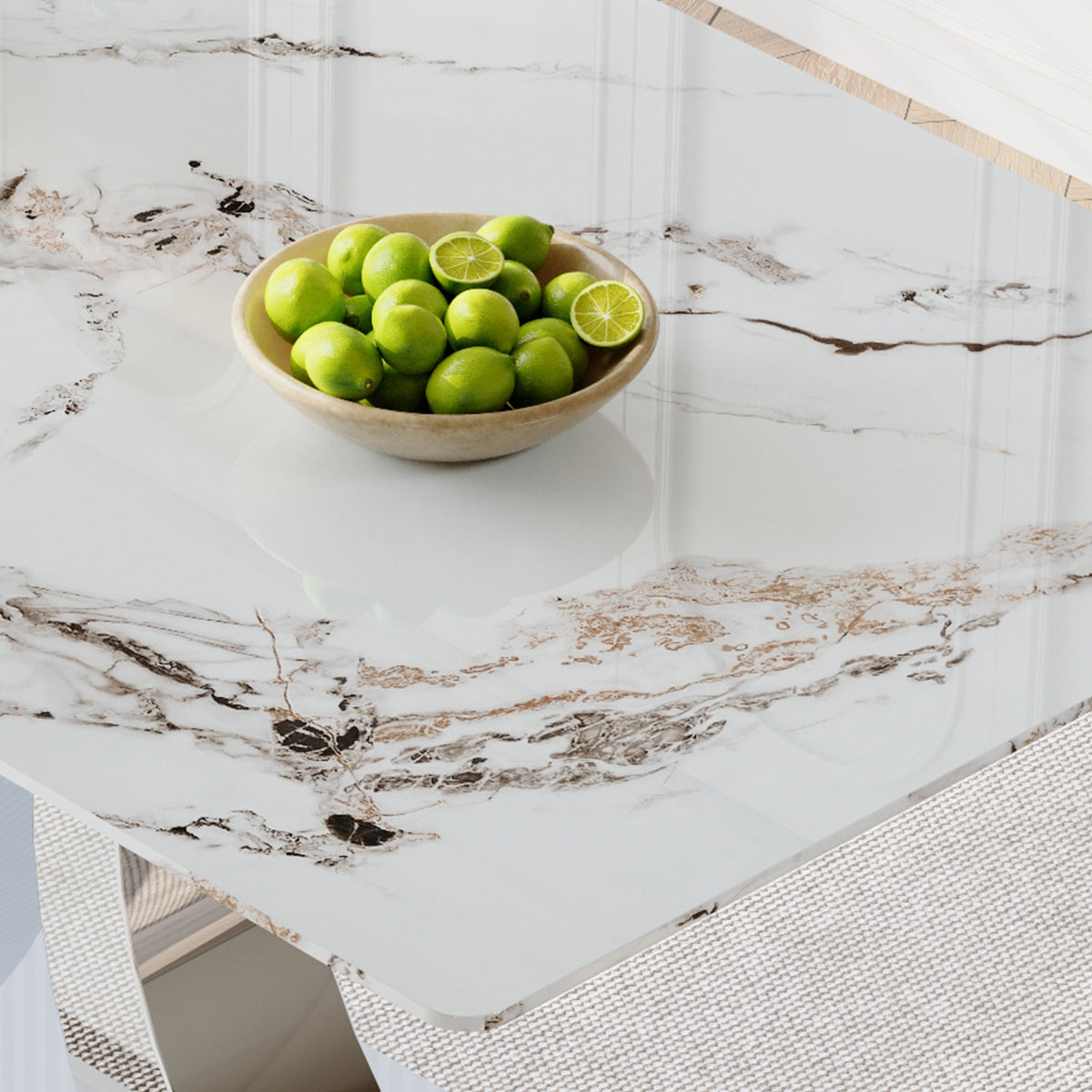 Transformable Heavy-Duty Stainless Steel Base in Silver 63" x 35" Dining Table  Luxury Pandora White Pattern Tempered Glass Rock Top for Kitchen Dining Room