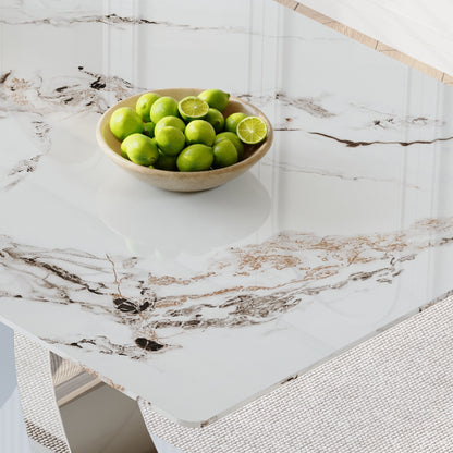 Transformable Heavy-Duty Stainless Steel Base in Silver 63" x 35" Dining Table  Luxury Pandora White Pattern Tempered Glass Rock Top for Kitchen Dining Room